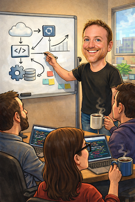 illustration of David leading a meeting of engineers